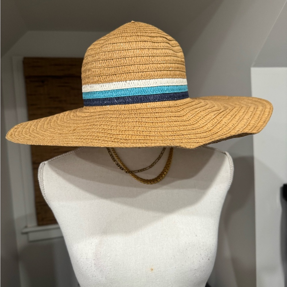 Wide Brim Straw Hat with Blue Stripe - Picture 4 of 5